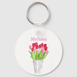 Llavero Tulipanes rosados acuarela floral elegante rústico
