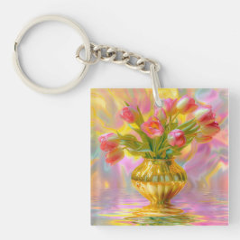 Llavero Tulipanes rosados vibrantes en la caja dorada