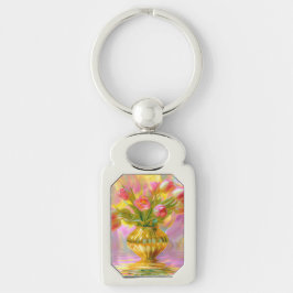 Llavero Tulipanes rosados vibrantes en la caja dorada