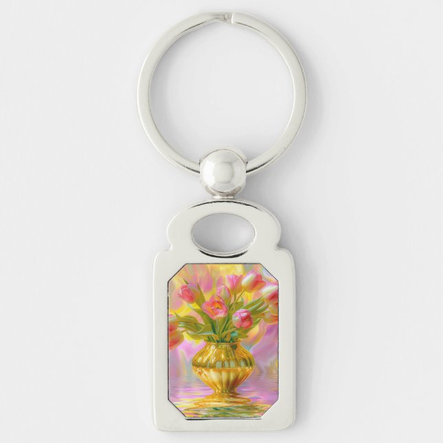 Llavero Tulipanes rosados vibrantes en la caja dorada (Anverso)