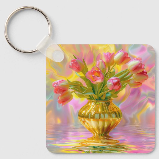 Llavero Tulipanes rosados vibrantes en la caja dorada (Anverso)