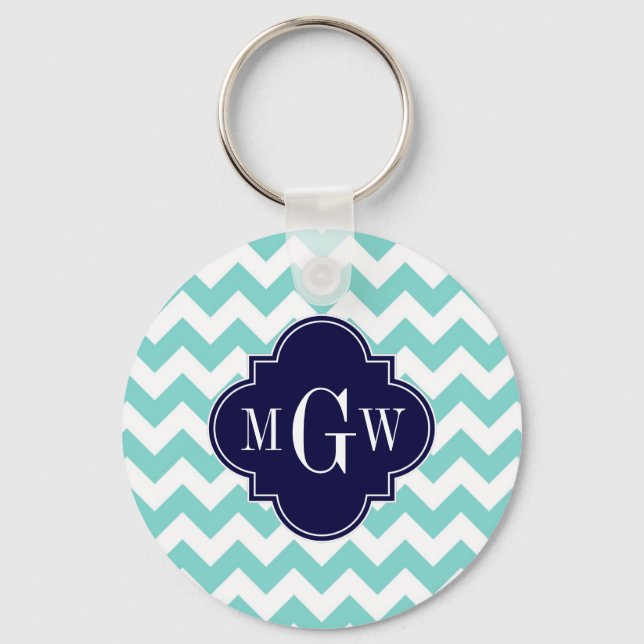 Llavero Turq / Aqua Wht Chevron Naval 3 Monograma Inicial (Anverso)