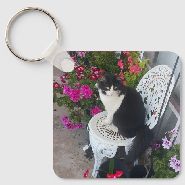 Llavero Tuxedo Cat Cute with Pretty Flowers Black Cats (Anverso)