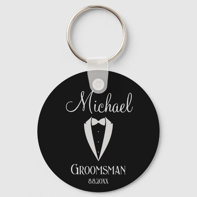 Llavero tuxedo divertido con groomonmano de arco negro (Anverso)