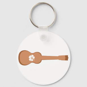 Llavero Ukulele marrón e hibiscus blanco