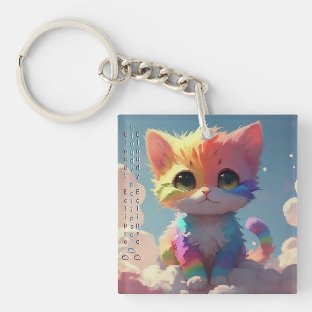 Llavero Un gatito arcoiris suave en la nube (Frente)