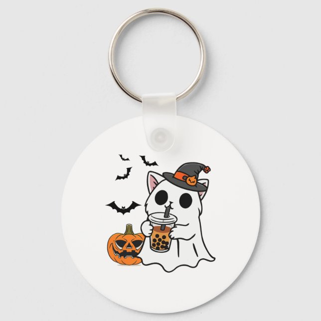 Llavero Un Gato De Halloween Con Vestido De Fantasma Beber (Anverso)