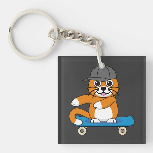 Llavero Un gato Naranja lindo en un Personalizado de skate (Frente)