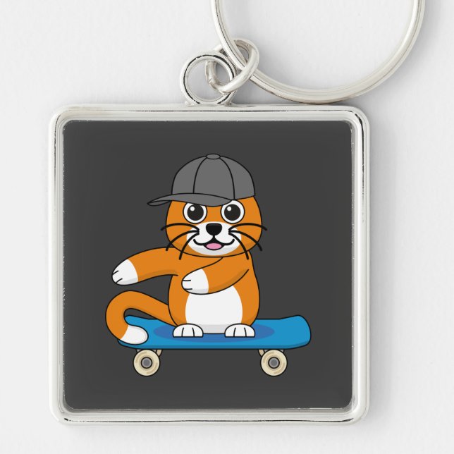 Llavero Un gato Naranja lindo en un Personalizado de skate (Frente)