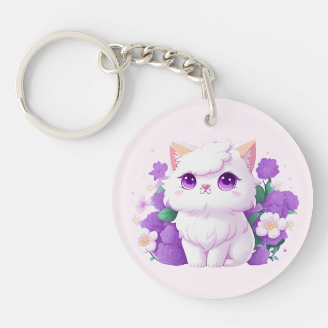 Llavero Un gato persa blanco suave con gloria matutina (Frente)