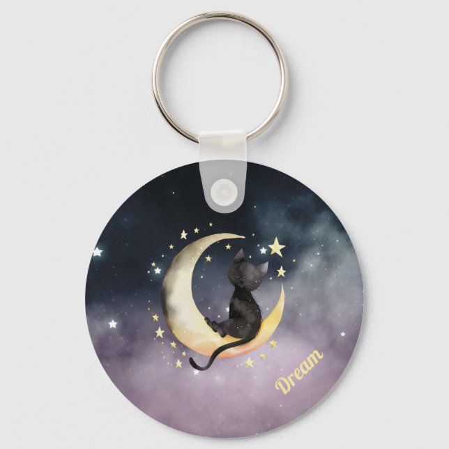 Llavero Un gato Personalizado lindo en la luna (Anverso)