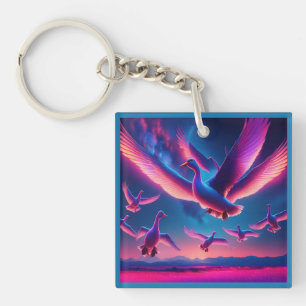 Llavero Un Montón De Hovers Geeses De Neón Rosa En El Ciel