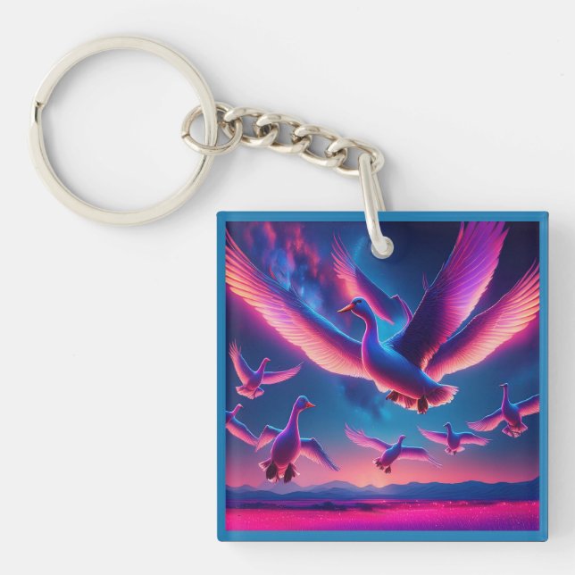 Llavero Un Montón De Hovers Geeses De Neón Rosa En El Ciel (Frente)