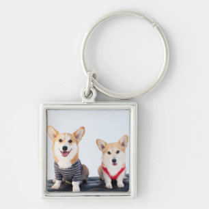Llavero Un par de Corgis que se sientan en un banco