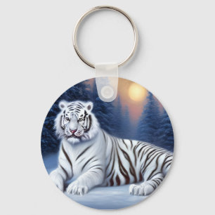 Llavero Un tigre blanco sentado en la nieve