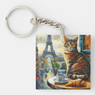 Llavero Una mañana en París   Gato atigrado en un café