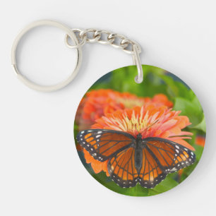 Llavero Una mariposa del virrey en Zinnias anaranjados