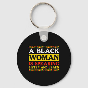 Llavero Una Mujer Negra Está Hablando Escuchar Y Aprender 