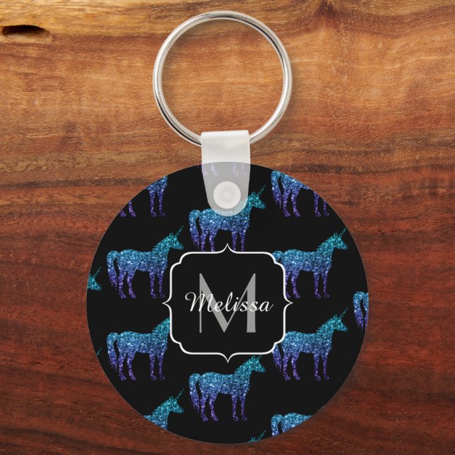 Llavero Unicorn Sparkles aqua patrón oscuro azul Monograma (Anverso)
