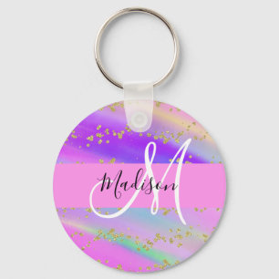 Llavero Unicornio Colorido Arcoíris Dorado Glitter Monogra