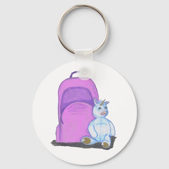 Llavero Unicornio relleno sentado por una mochila de una e (Anverso)