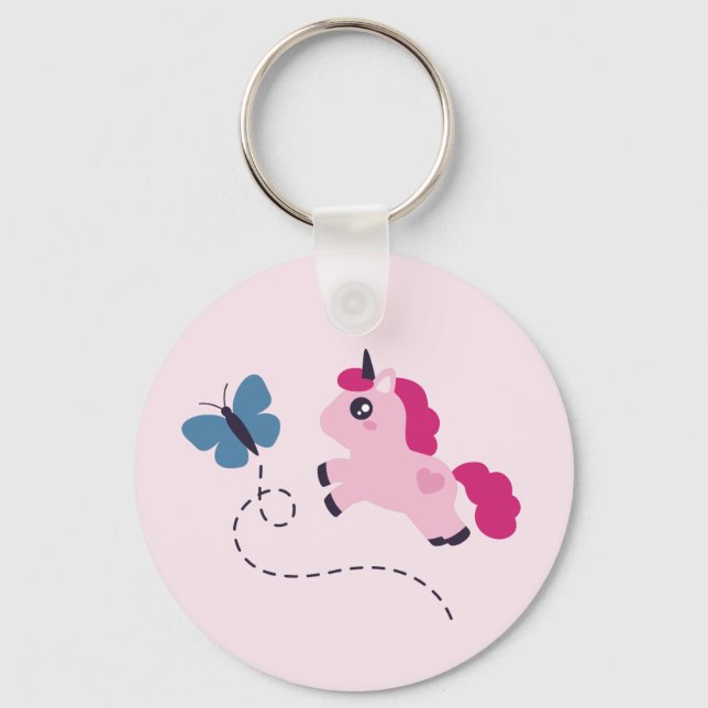 Llavero Unicornio rosado con mariposa (Anverso)