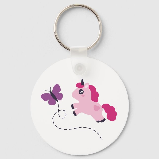 Llavero Unicornio rosado con mariposa (Anverso)