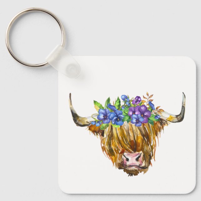 Llavero Vaca escocesa Highland con acuarela de flores (Anverso)