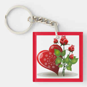 LLAVERO VALENTINE CORAZÓN ROJO Y ROSAS ROJAS KEYCHAIN