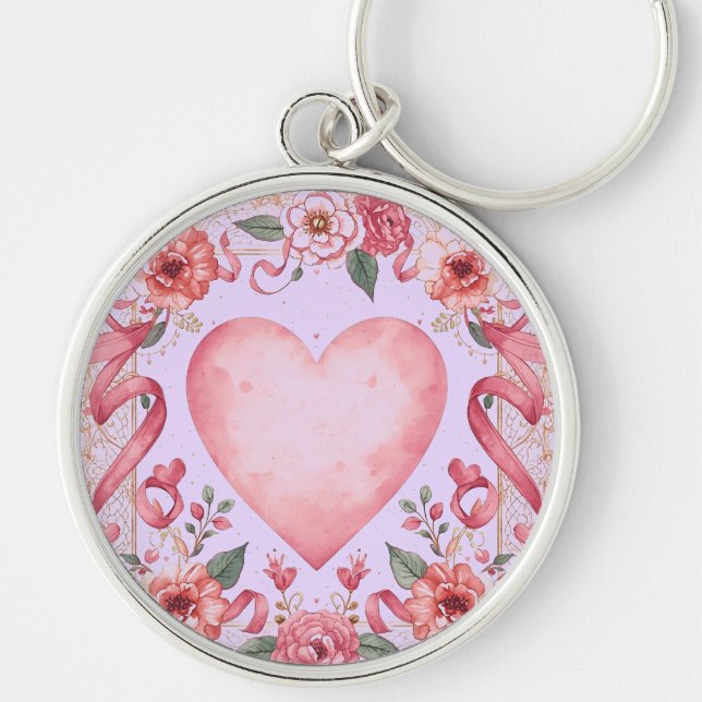 Llavero Valentine's Day, Pink Love Heart, Soft Purple Back (Frente)