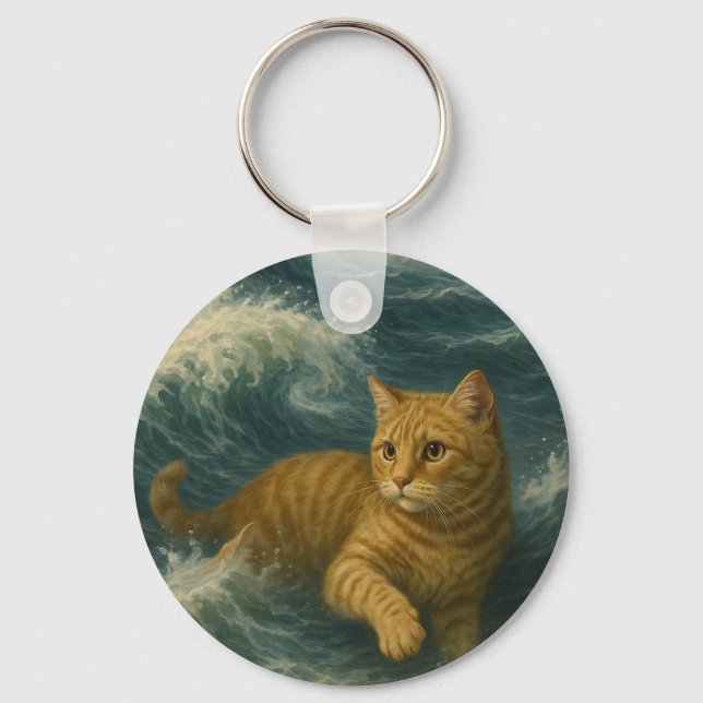 Llavero       Valiente Gato Naranja Montando Olas del Océa (Anverso)