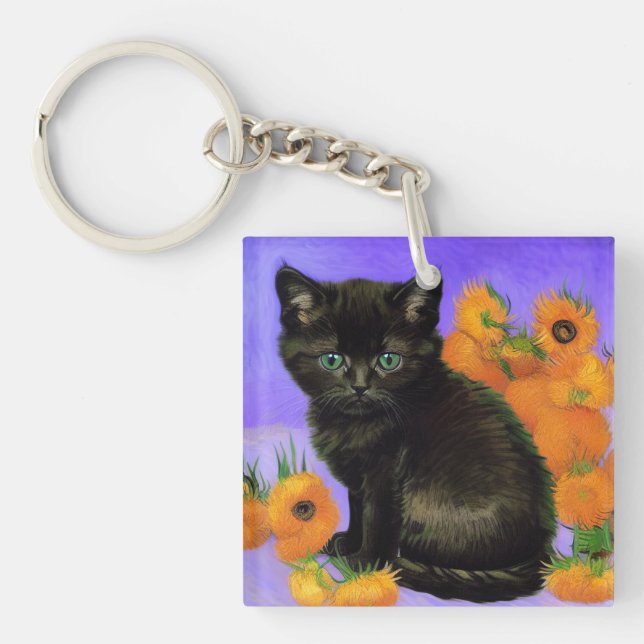 Llavero Van Gogh Black Kitten con girasoles (Frente)