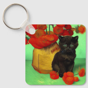 Llavero Van Gogh Black Kitten Red Flowers