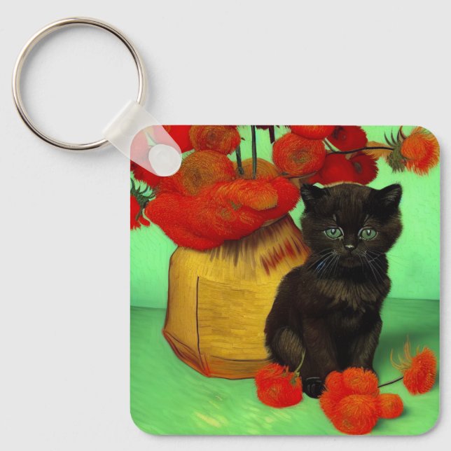 Llavero Van Gogh Black Kitten Red Flowers (Anverso)