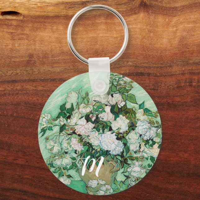 Llavero Van Gogh Vase con rosas rosadas Monograma de arte  (Anverso)