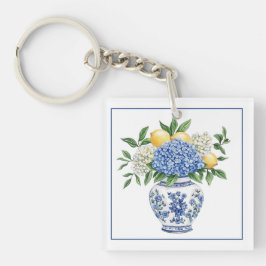 Llavero Vase Chinoiserie azul y blanco con hidrangeas
