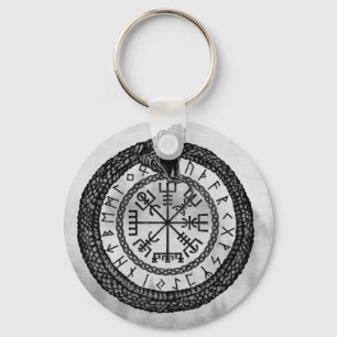 Llavero Vegvisir con Ouroboros y runas - escala de grises