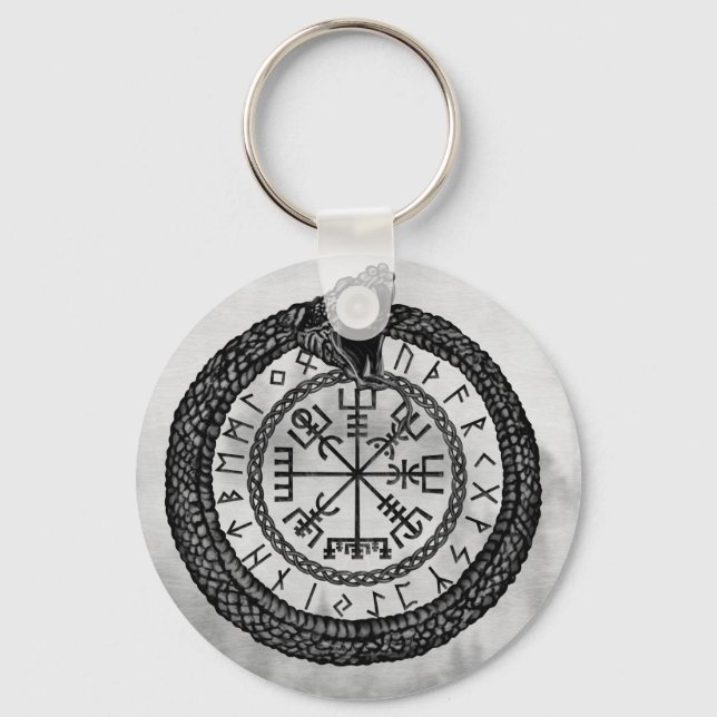 Llavero Vegvisir con Ouroboros y runas - escala de grises (Anverso)