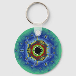 Llavero Verde azul de la mandala del fractal del pavo real