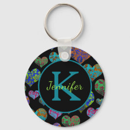 Llavero Verde azulado Coloridos corazones florales inicial