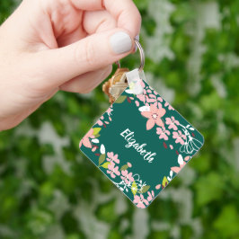 Llavero Verde con flores rosas personalizadas