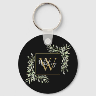 Llavero Verde floral monograma de oro negro 