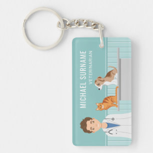 Llavero Veterinario Hombre Con Gato Y Cachorro Nombre Pers