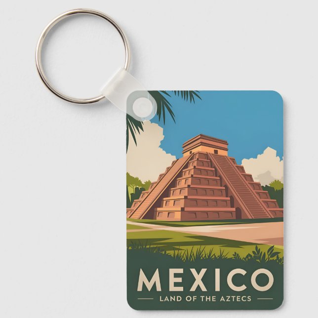 Llavero Viaje de época México Azteca Pirámide Retro Gráfic (Anverso)