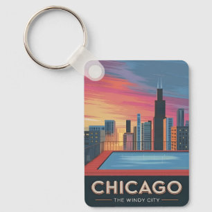 Llavero Viaje de Vintage Chicago Sunset Skyline Cityscape