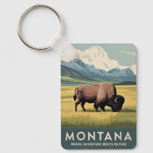 Llavero Viajes de época Montana Bison Wildlife Retro Escen