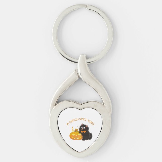 Llavero Vibes de especias de calabaza, Halloween, gato neg (Anverso)