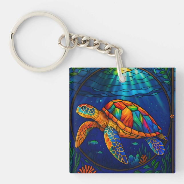 Llavero Vibrant Stained Glass Sea Turtle Ocean Design (Frente)