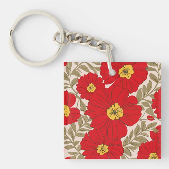 Llavero Vibrante Patrón Floral Rojo con Hojas Verdes de Ol (Frente)