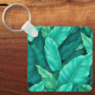 Llavero Vibrante patrón verde tropical de hojas de plátano